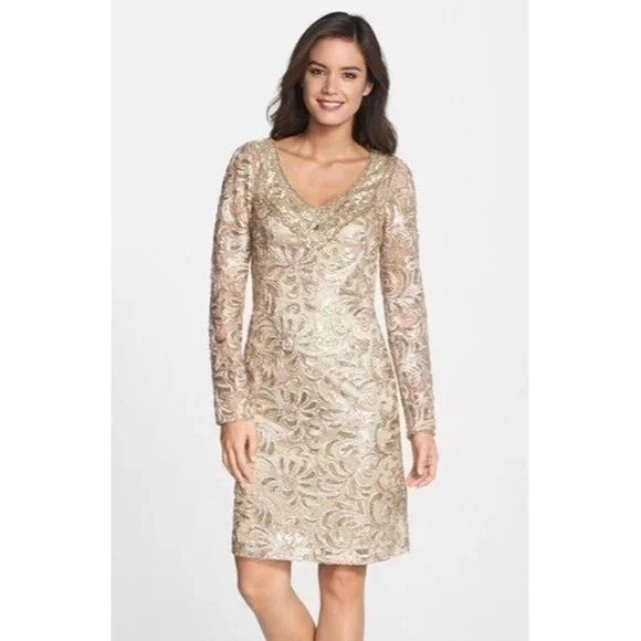 Sue Wong | Dresses | Sue Wong N515 Beaded Embellished Beige Gold Long Slv Cocktail  Dress Size 2 4 | Poshmark
